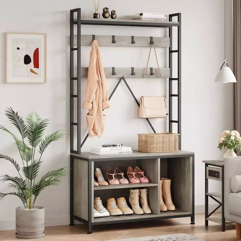 Portemanteau avec banc, porte-manteau industriel avec casiers de rangement, porte-manteau d'entrée avec rangement à chaussures