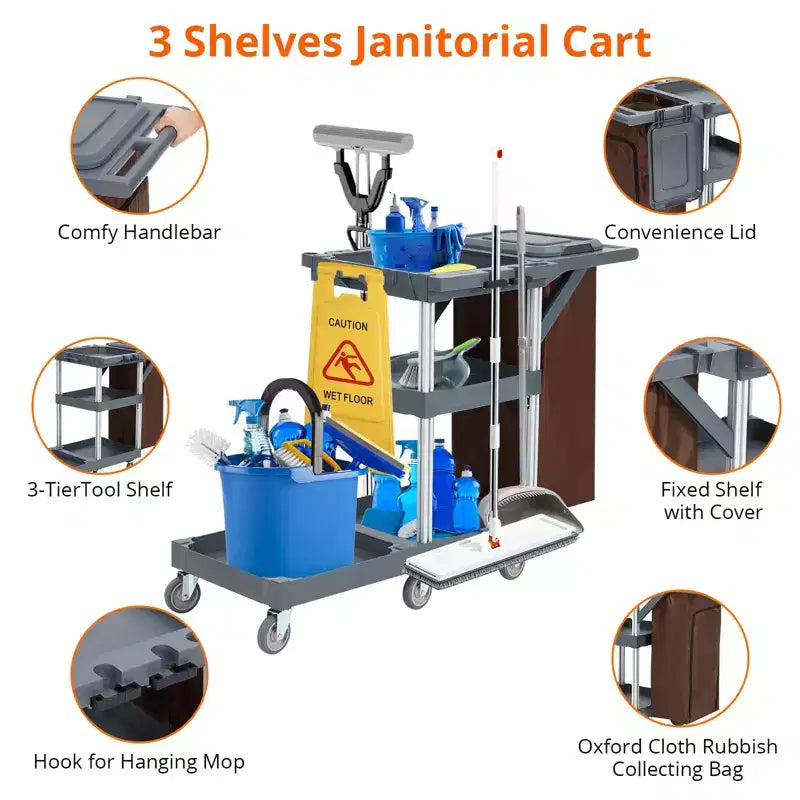 Chariot de ménage, Chariot de nettoyage - Chariot à 3 étagères avec sac poubelle de 60 litres, capacité de 75 kg, 6 roues silencieuses pour hôtels, écoles, bureaux