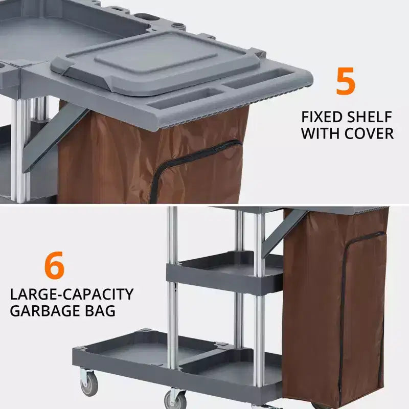 Chariot de ménage, Chariot de nettoyage - Chariot à 3 étagères avec sac poubelle de 60 litres, capacité de 75 kg, 6 roues silencieuses pour hôtels, écoles, bureaux