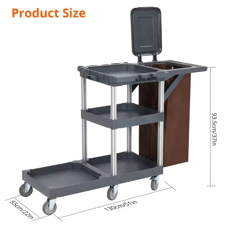 Chariot de ménage, Chariot de nettoyage - Chariot à 3 étagères avec sac poubelle de 60 litres, capacité de 75 kg, 6 roues silencieuses pour hôtels, écoles, bureaux