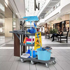 Chariot de ménage, Chariot de nettoyage - Chariot à 3 étagères avec sac poubelle de 60 litres, capacité de 75 kg, 6 roues silencieuses pour hôtels, écoles, bureaux