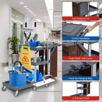 Chariot de ménage, Chariot de nettoyage - Chariot à 3 étagères avec sac poubelle de 60 litres, capacité de 75 kg, 6 roues silencieuses pour hôtels, écoles, bureaux