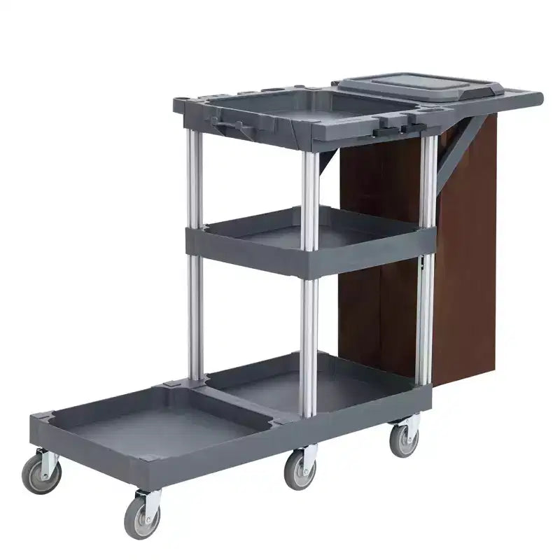 Chariot de ménage, Chariot de nettoyage - Chariot à 3 étagères avec sac poubelle de 60 litres, capacité de 75 kg, 6 roues silencieuses pour hôtels, écoles, bureaux