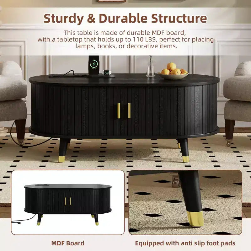 Meuble TV cannelé et table basse en bois de style moderne du milieu du siècle Olivia avec station de charge, portes coulissantes et rangement
