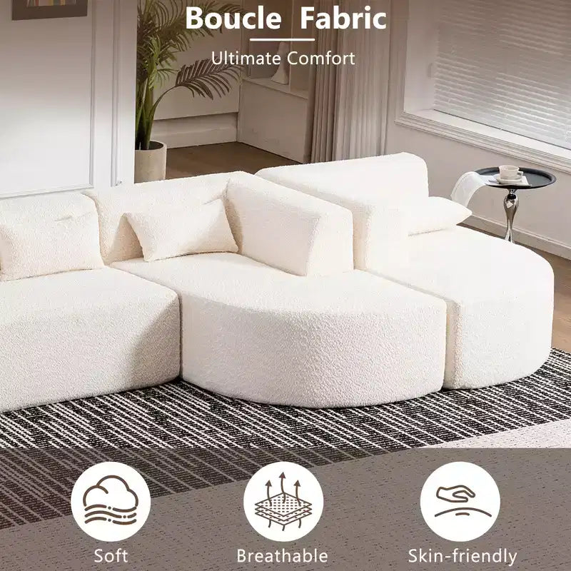 Canapé d'angle modulaire en bouclette, canapé sectionnel moderne en mousse compressée avec deux méridiennes