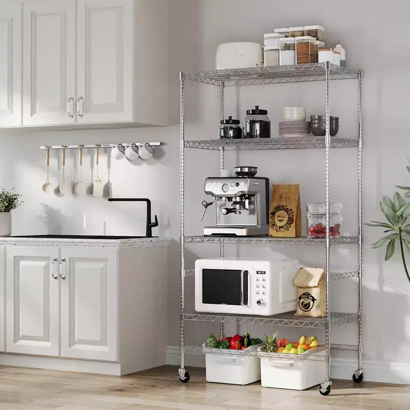 4 Tier Metal Storage Shelf withWheels, Heavy Duty Adjustable Storage Rack with Casters, Freestanding Wire Shelving Unit for Garage, Pantry, Silver
