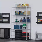 Étagère de rangement métallique à 4 niveaux avec roulettes, étagère de rangement robuste et réglable avec roulettes, étagère de rangement autoportante en fil métallique pour garage, cellier, argent