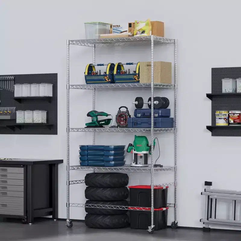 Étagère de rangement métallique à 4 niveaux avec roulettes, étagère de rangement robuste et réglable avec roulettes, étagère de rangement autoportante en fil métallique pour garage, cellier, argent