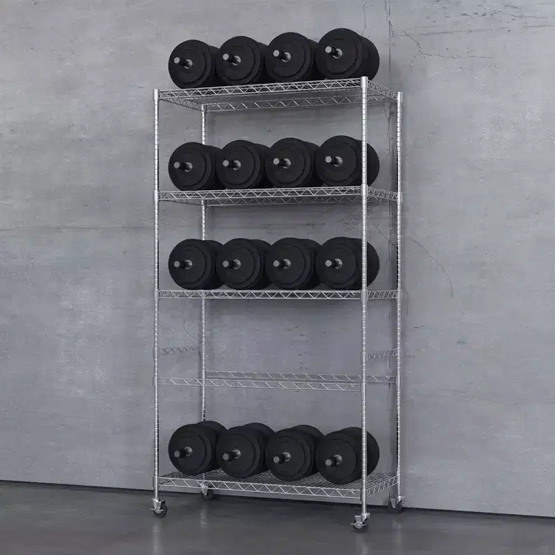 Étagère de rangement métallique à 4 niveaux avec roulettes, étagère de rangement robuste et réglable avec roulettes, étagère de rangement autoportante en fil métallique pour garage, cellier, argent