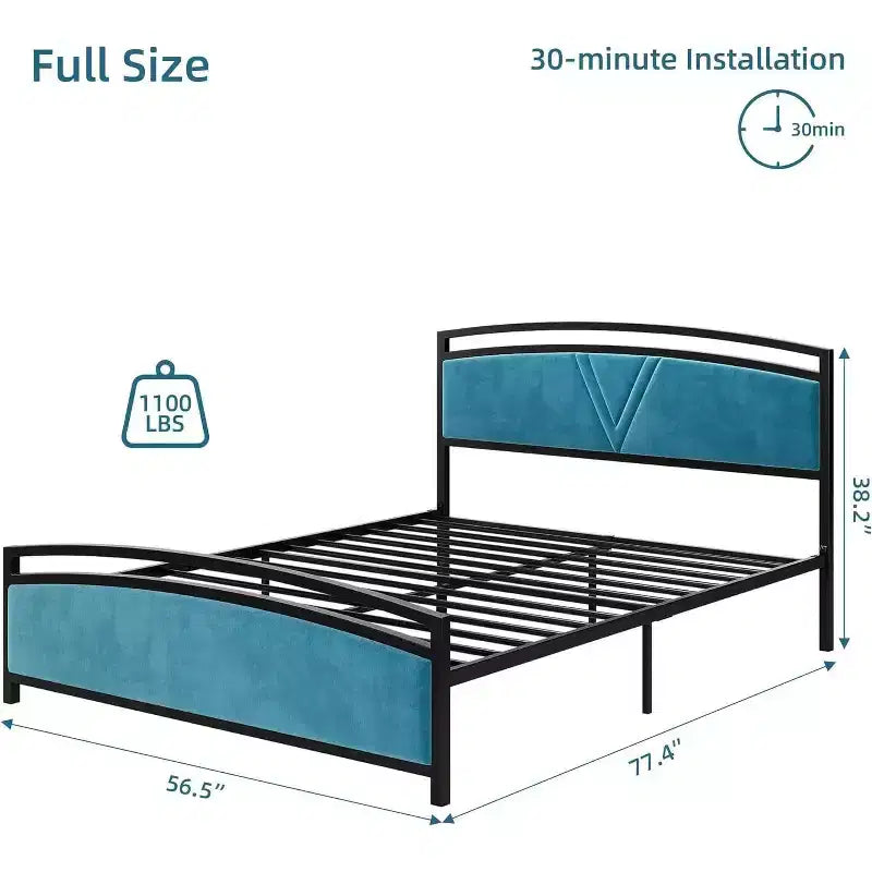 Cadre de lit plateforme Queen Size en velours courbé avec rangement, tête de lit et pied de lit rembourrés, lattes métalliques robustes, silencieux, gris