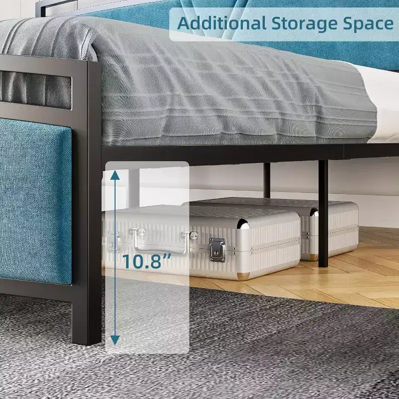 Cadre de lit plateforme Queen Size en velours courbé avec rangement, tête de lit et pied de lit rembourrés, lattes métalliques robustes, silencieux, gris