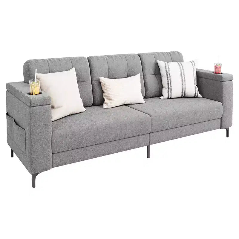 Canapé de salon, 213 cm avec accoudoirs de rangement, petit canapé douillet en molleton Teddy avec porte-gobelets et poches latérales pratiques pour appartement