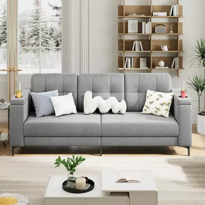 Canapé de salon, 213 cm avec accoudoirs de rangement, petit canapé douillet en molleton Teddy avec porte-gobelets et poches latérales pratiques pour appartement