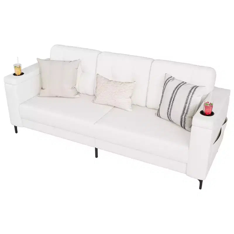 Canapé de salon, 213 cm avec accoudoirs de rangement, petit canapé douillet en molleton Teddy avec porte-gobelets et poches latérales pratiques pour appartement