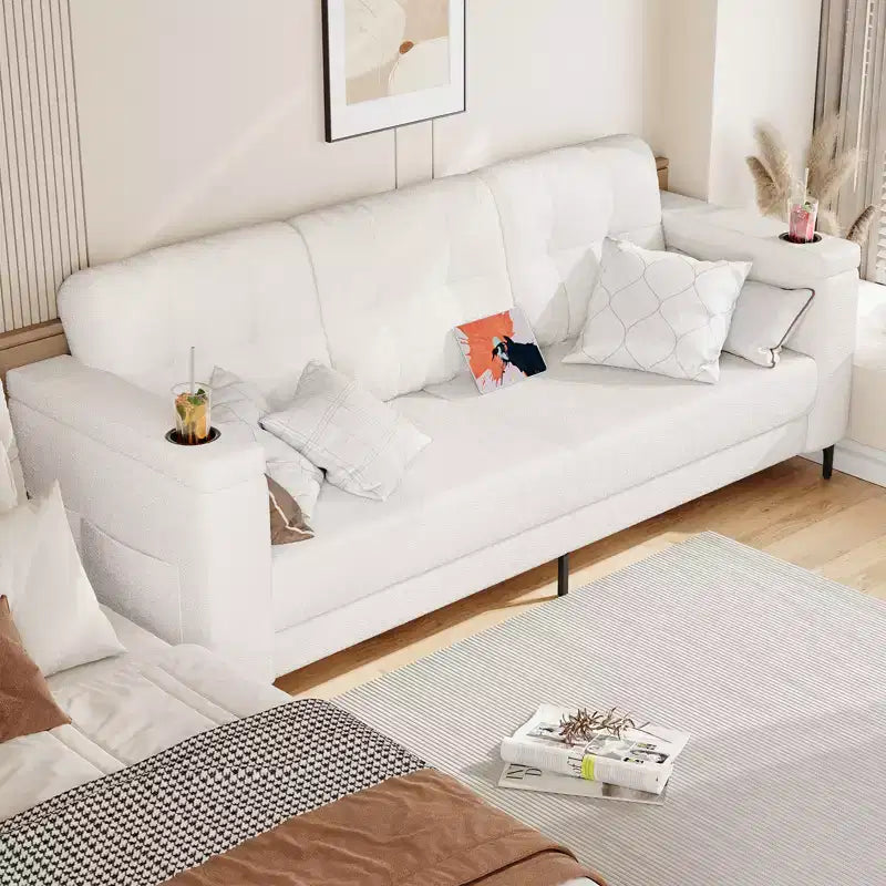 Canapé de salon, 213 cm avec accoudoirs de rangement, petit canapé douillet en molleton Teddy avec porte-gobelets et poches latérales pratiques pour appartement