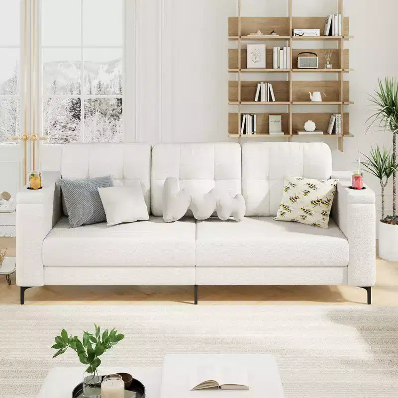 Canapé de salon, 213 cm avec accoudoirs de rangement, petit canapé douillet en molleton Teddy avec porte-gobelets et poches latérales pratiques pour appartement