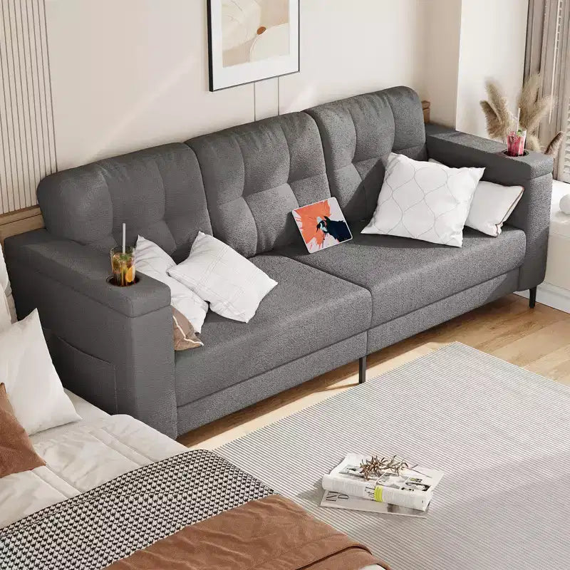 Canapé de salon, 213 cm avec accoudoirs de rangement, petit canapé douillet en molleton Teddy avec porte-gobelets et poches latérales pratiques pour appartement