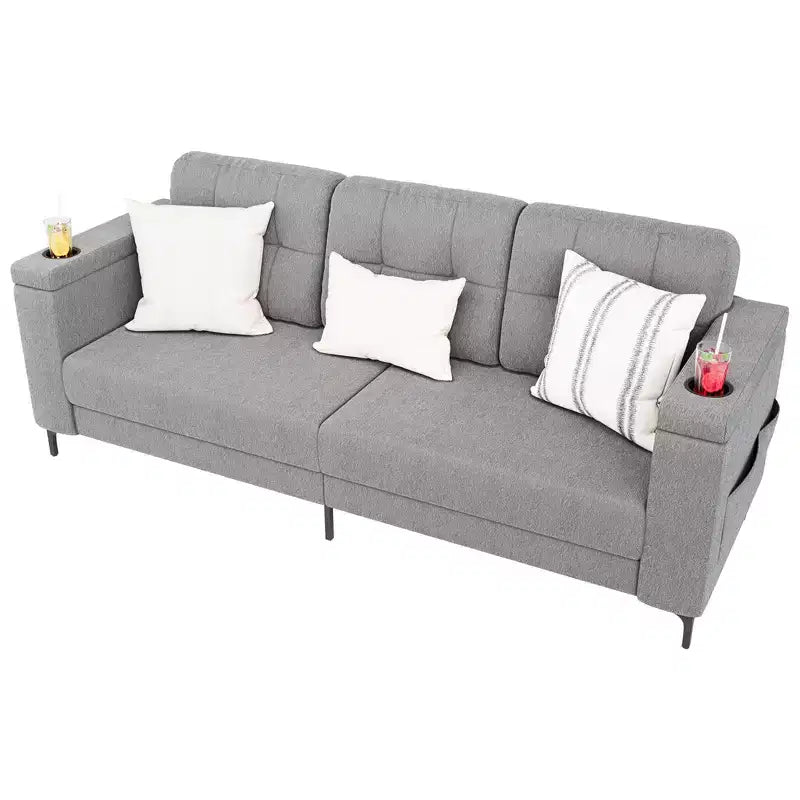 Canapé de salon, 213 cm avec accoudoirs de rangement, petit canapé douillet en molleton Teddy avec porte-gobelets et poches latérales pratiques pour appartement