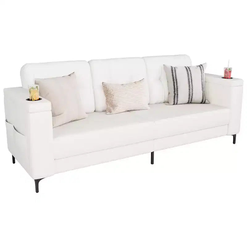 Canapé de salon, 213 cm avec accoudoirs de rangement, petit canapé douillet en molleton Teddy avec porte-gobelets et poches latérales pratiques pour appartement