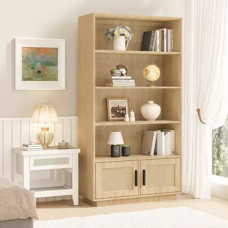 Bibliothèque en bois à 5 niveaux avec portes en rotin, grande étagère avec rangement pour salon, chambre, bureau à domicile et cuisine