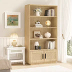 Bibliothèque en bois à 5 niveaux avec portes en rotin, grande étagère avec rangement pour salon, chambre, bureau à domicile et cuisine