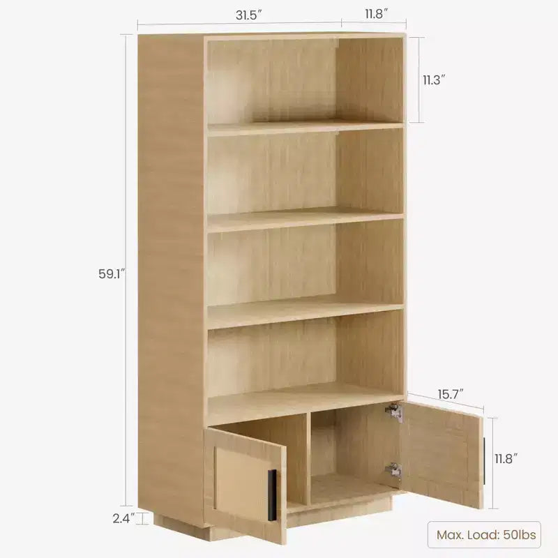Bibliothèque en bois à 5 niveaux avec portes en rotin, grande étagère avec rangement pour salon, chambre, bureau à domicile et cuisine