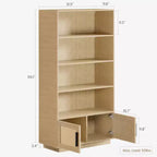 Bibliothèque en bois à 5 niveaux avec portes en rotin, grande étagère avec rangement pour salon, chambre, bureau à domicile et cuisine