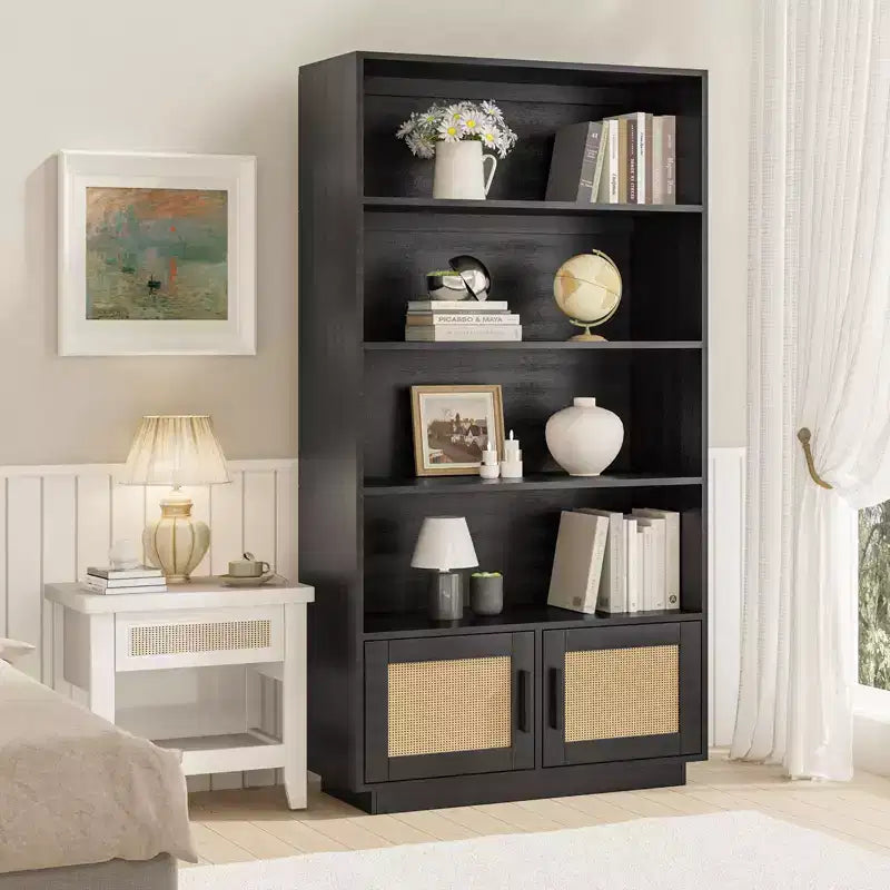 Bibliothèque en bois à 5 niveaux avec portes en rotin, grande étagère avec rangement pour salon, chambre, bureau à domicile et cuisine
