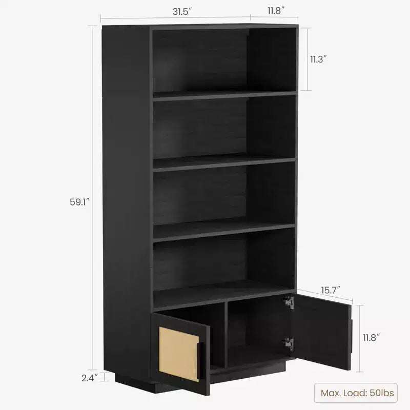 Bibliothèque en bois à 5 niveaux avec portes en rotin, grande étagère avec rangement pour salon, chambre, bureau à domicile et cuisine