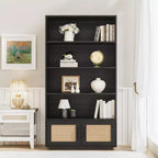 5-Tier Wooden Bookcase with Rattan Doors  Tall Bookshelf with Storage for Living Room, Bedroom, Home Office and Kitchen