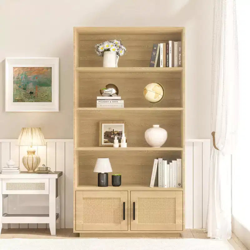 Bibliothèque en bois à 5 niveaux avec portes en rotin, grande étagère avec rangement pour salon, chambre, bureau à domicile et cuisine