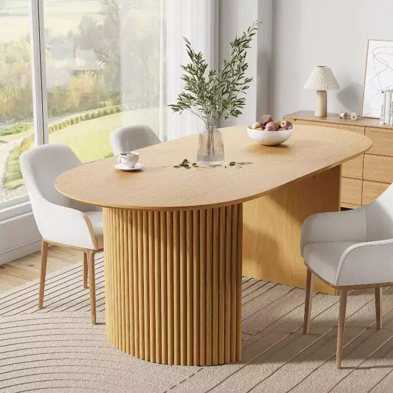 PexFix 67 x 33.5 Solid Wood Oval Dining Table Modern Kitchen Table Farmhouse Style with Solid Wave Legs for Living Room Kitchen Home Office Natural