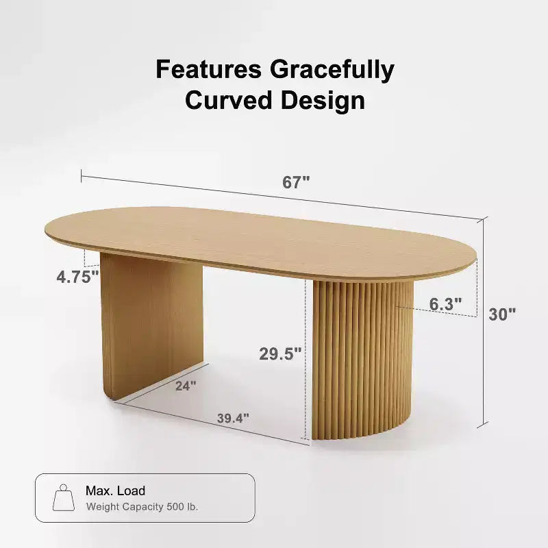 Table à manger ovale en bois massif 67 x 33,5 Table de cuisine moderne de style campagnard avec pieds ondulés massifs pour salon, cuisine, bureau à domicile Naturel