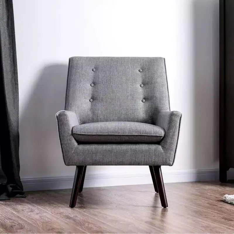 HOMES: Inside + Out Center Button Tufted Accent Chair Gray - : Mid-Century Modern, Linen Upholstery, Espresso Wood Legs
