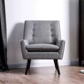 HOMES: Inside + Out Center Button Tufted Accent Chair Gray - : Mid-Century Modern, Linen Upholstery, Espresso Wood Legs