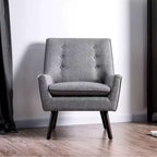 HOMES: Inside + Out Center Button Tufted Accent Chair Gray - : Mid-Century Modern, Linen Upholstery, Espresso Wood Legs