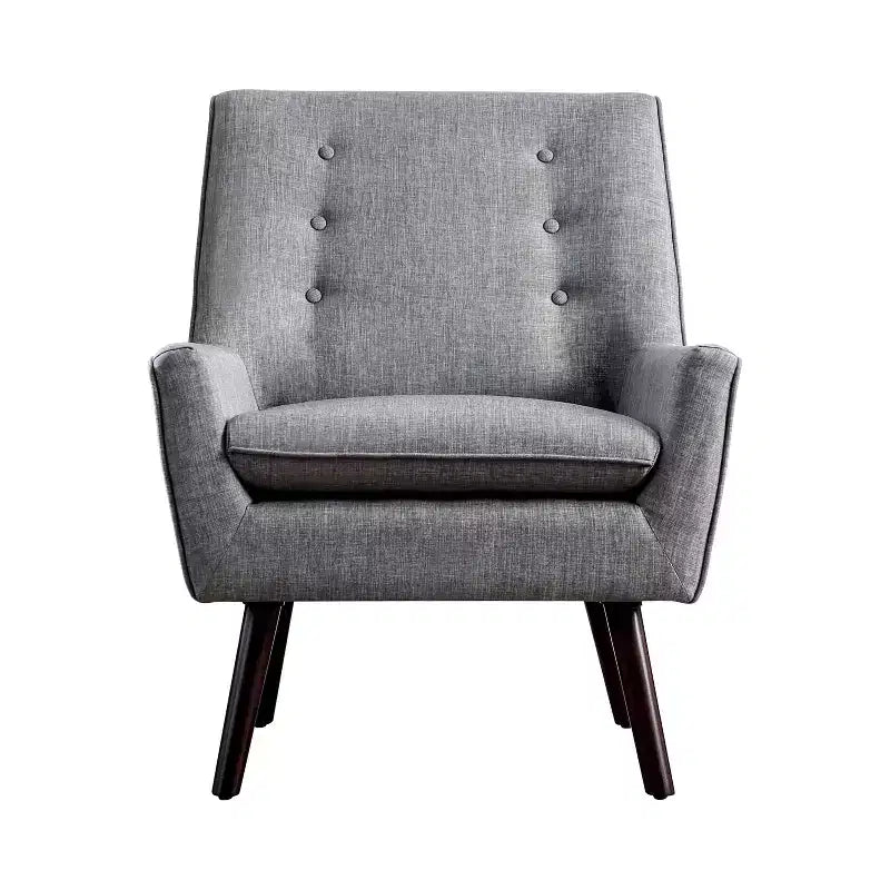 Fauteuil d'appoint capitonné central gris - Moderne du milieu du siècle, Revêtement en lin, Pieds en bois expresso
