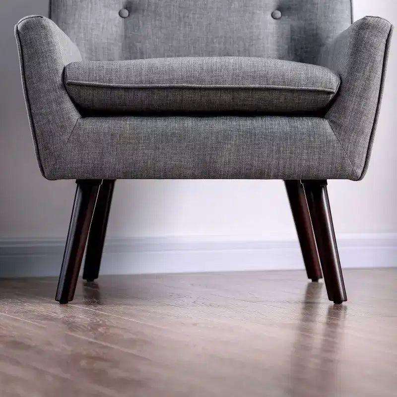 Fauteuil d'appoint capitonné central gris - Moderne du milieu du siècle, Revêtement en lin, Pieds en bois expresso