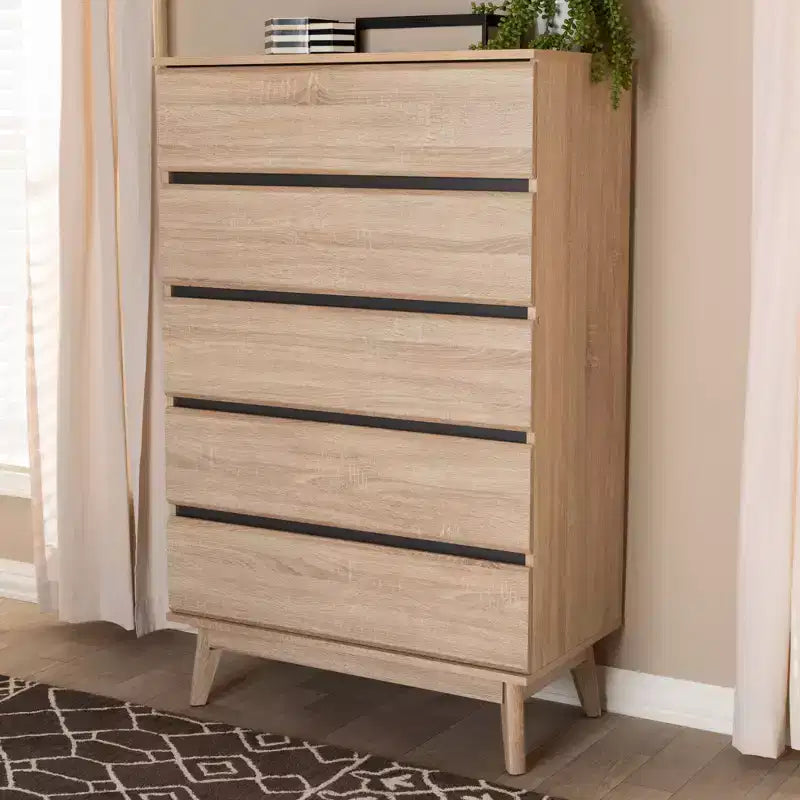 Baxton Studio Mirren Light Oak 5 Drawer Chest Brown/Dark Gray: Wood Composite, Vertical Storage, Includes Anti-Tip Hardware