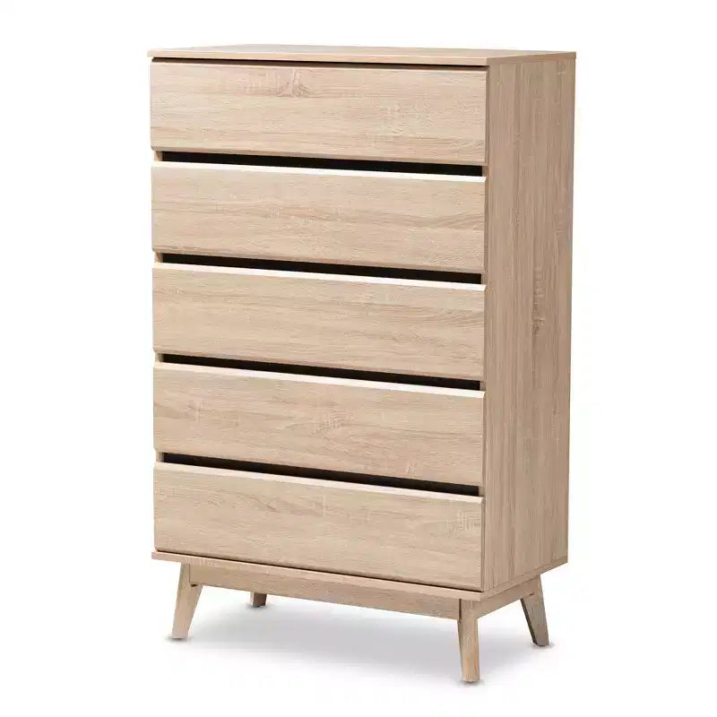 Commode 5 tiroirs Mirren en chêne clair marron/gris foncé : Bois composite, Rangement vertical, Quincaillerie anti-basculement incluse