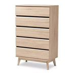 Commode 5 tiroirs Mirren en chêne clair marron/gris foncé : Bois composite, Rangement vertical, Quincaillerie anti-basculement incluse
