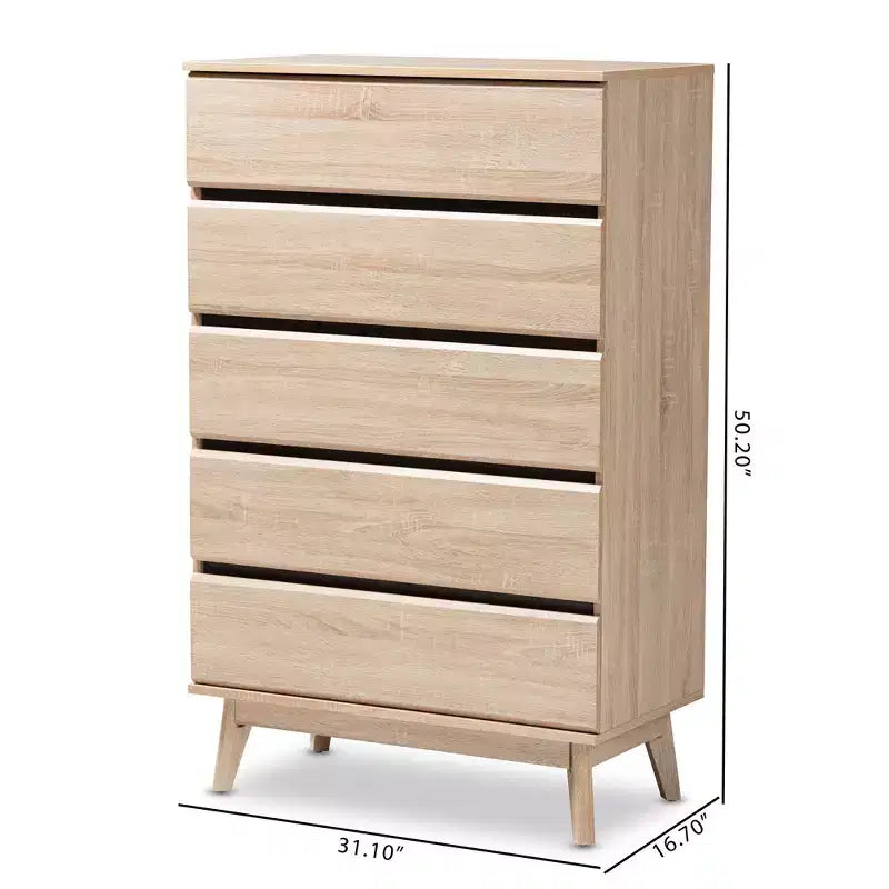 Commode 5 tiroirs Mirren en chêne clair marron/gris foncé : Bois composite, Rangement vertical, Quincaillerie anti-basculement incluse
