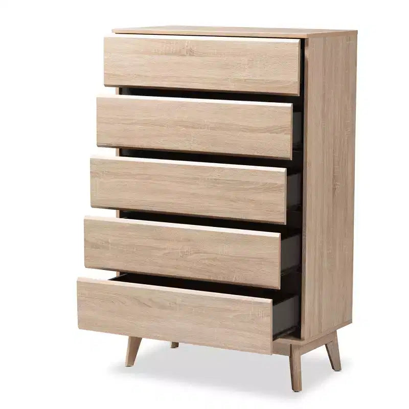 Commode 5 tiroirs Mirren en chêne clair marron/gris foncé : Bois composite, Rangement vertical, Quincaillerie anti-basculement incluse
