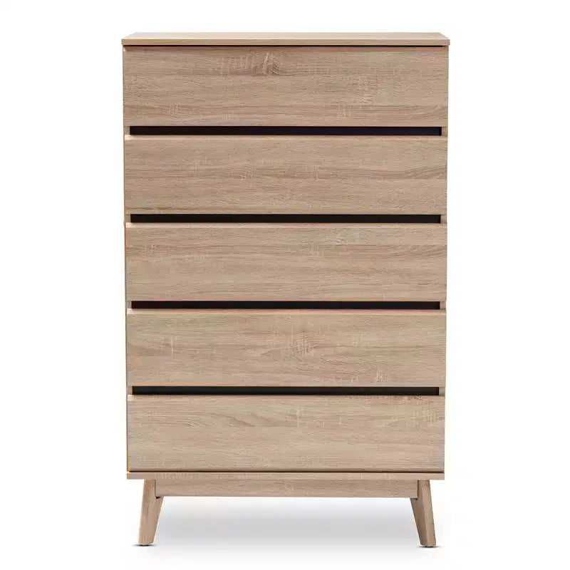 Commode 5 tiroirs Mirren en chêne clair marron/gris foncé : Bois composite, Rangement vertical, Quincaillerie anti-basculement incluse