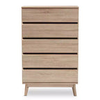 Commode 5 tiroirs Mirren en chêne clair marron/gris foncé : Bois composite, Rangement vertical, Quincaillerie anti-basculement incluse