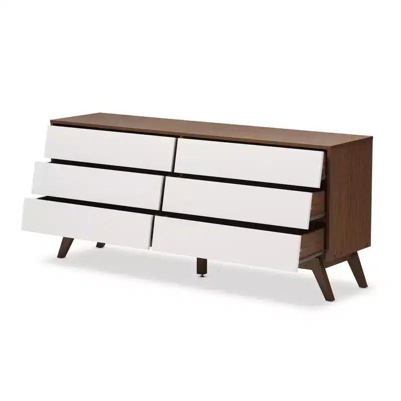 Commode de rangement en bois brun à 6 tiroirs Hildon, style moderne Mid-Century