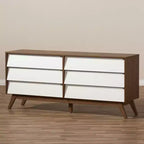 Commode de rangement en bois brun à 6 tiroirs Hildon, style moderne Mid-Century