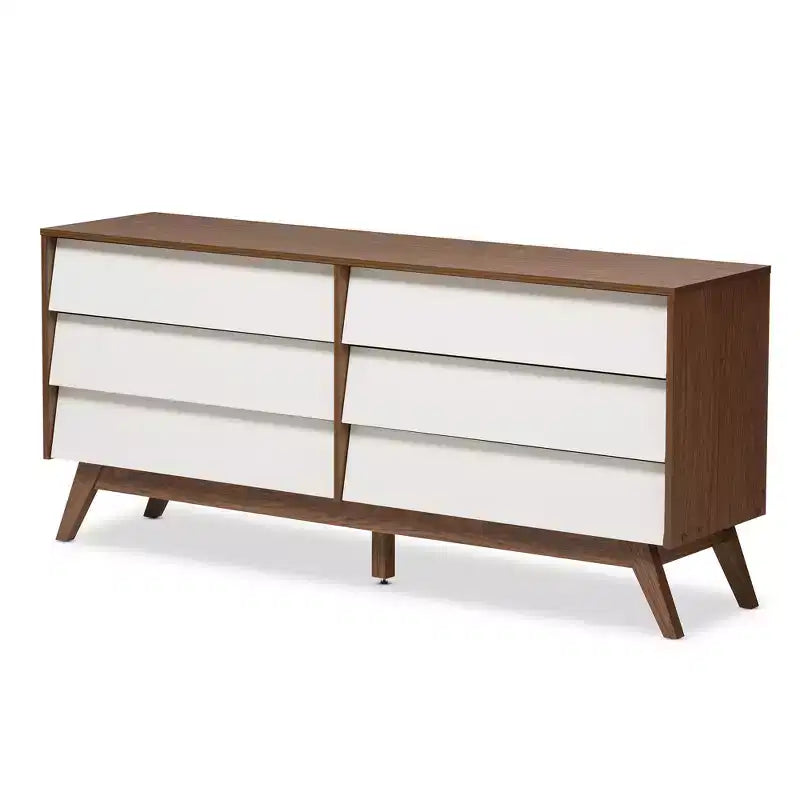 Commode de rangement en bois brun à 6 tiroirs Hildon, style moderne Mid-Century