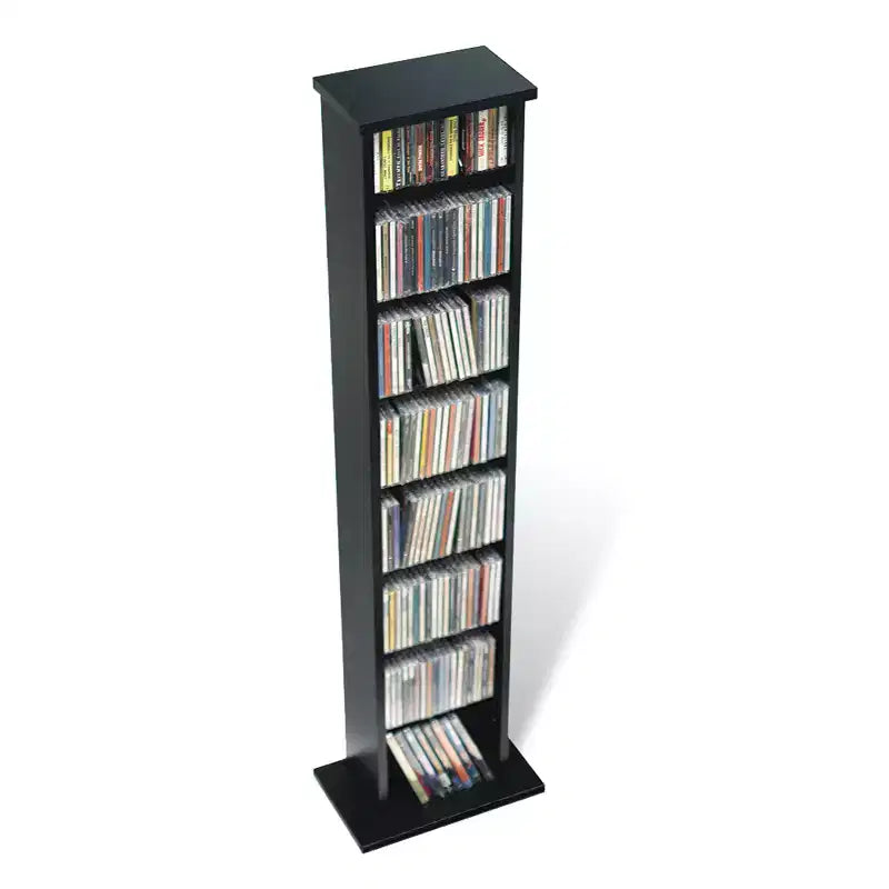 Tour de Rangement Multimédia Slim Noir : Meuble TV Moderne avec Étagères Réglables, Contient 160 CD, 65 DVD