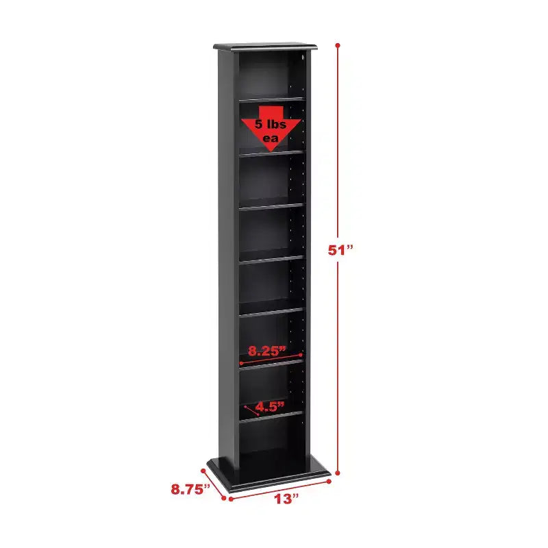 Tour de Rangement Multimédia Slim Noir : Meuble TV Moderne avec Étagères Réglables, Contient 160 CD, 65 DVD